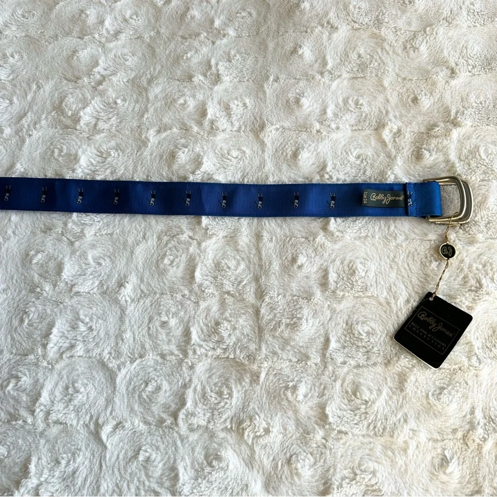 Bobby Jones Belt Mens 34 Blue Golfer Motif D-Ring Adjustable Preppy Fabric NWT
